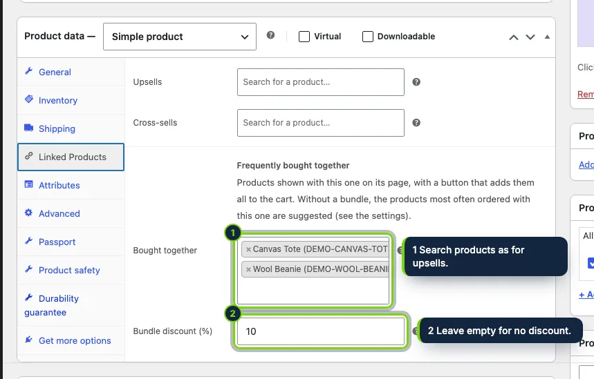 Product data › Linked products: up to three products to show with this one, and the bundle discount.