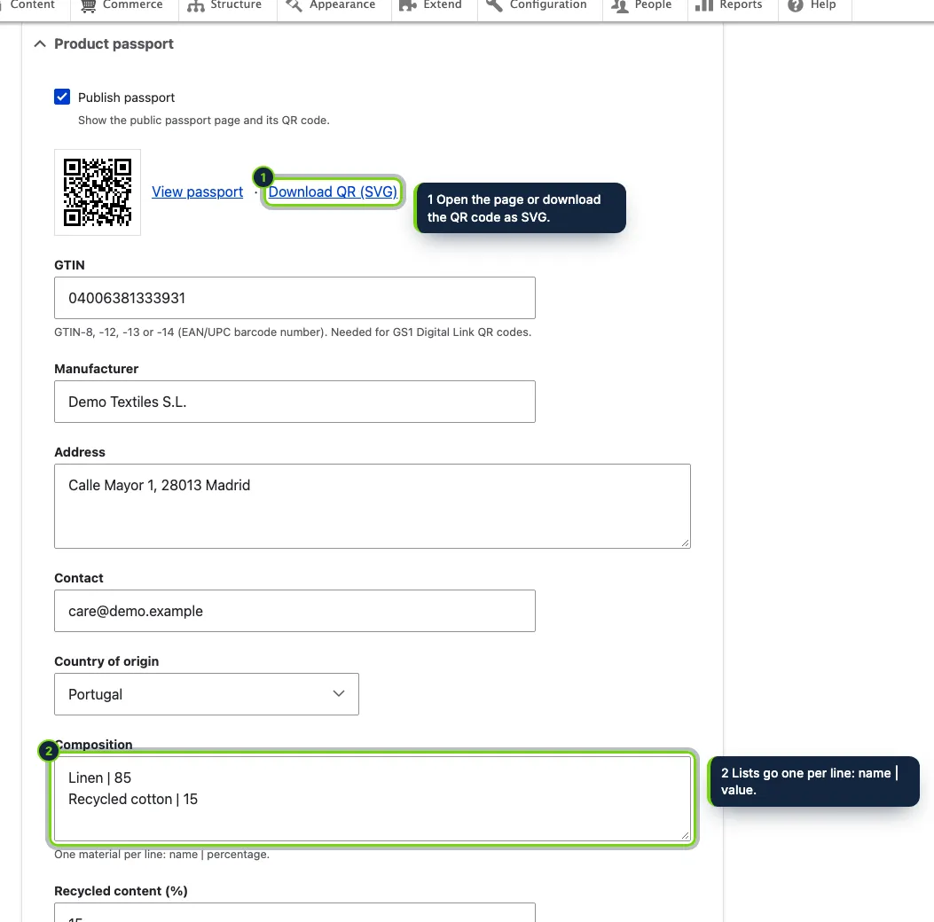 The passport is filled in on the product form, in its own section.