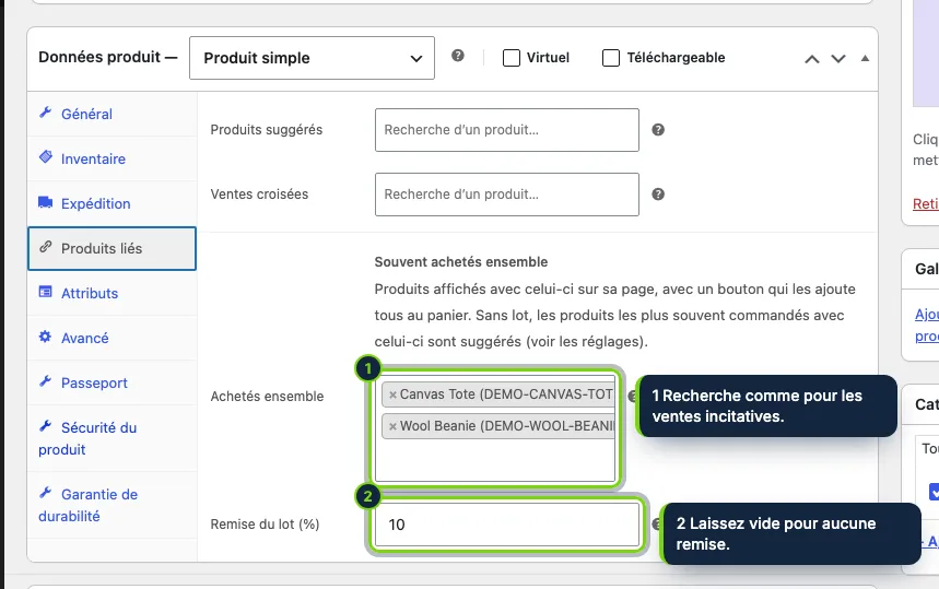 Données produit › Produits liés : jusqu’à trois produits à afficher avec celui-ci, et la remise du lot.