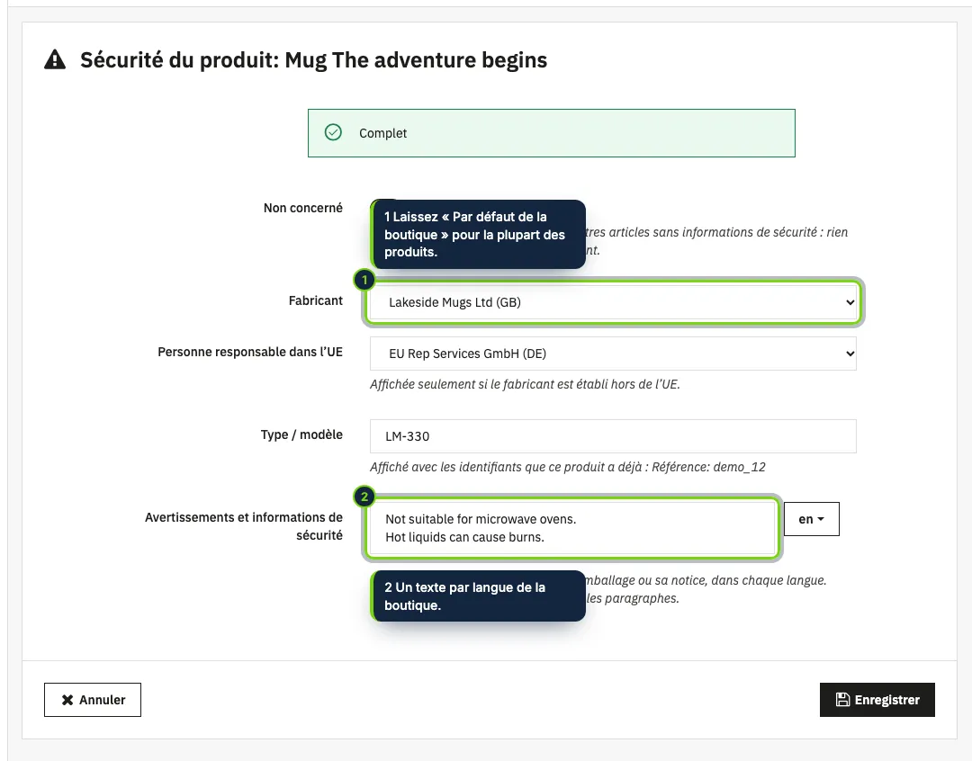 Par produit : entreprises (ou celles par défaut), type ou modèle et avertissements dans chaque langue.