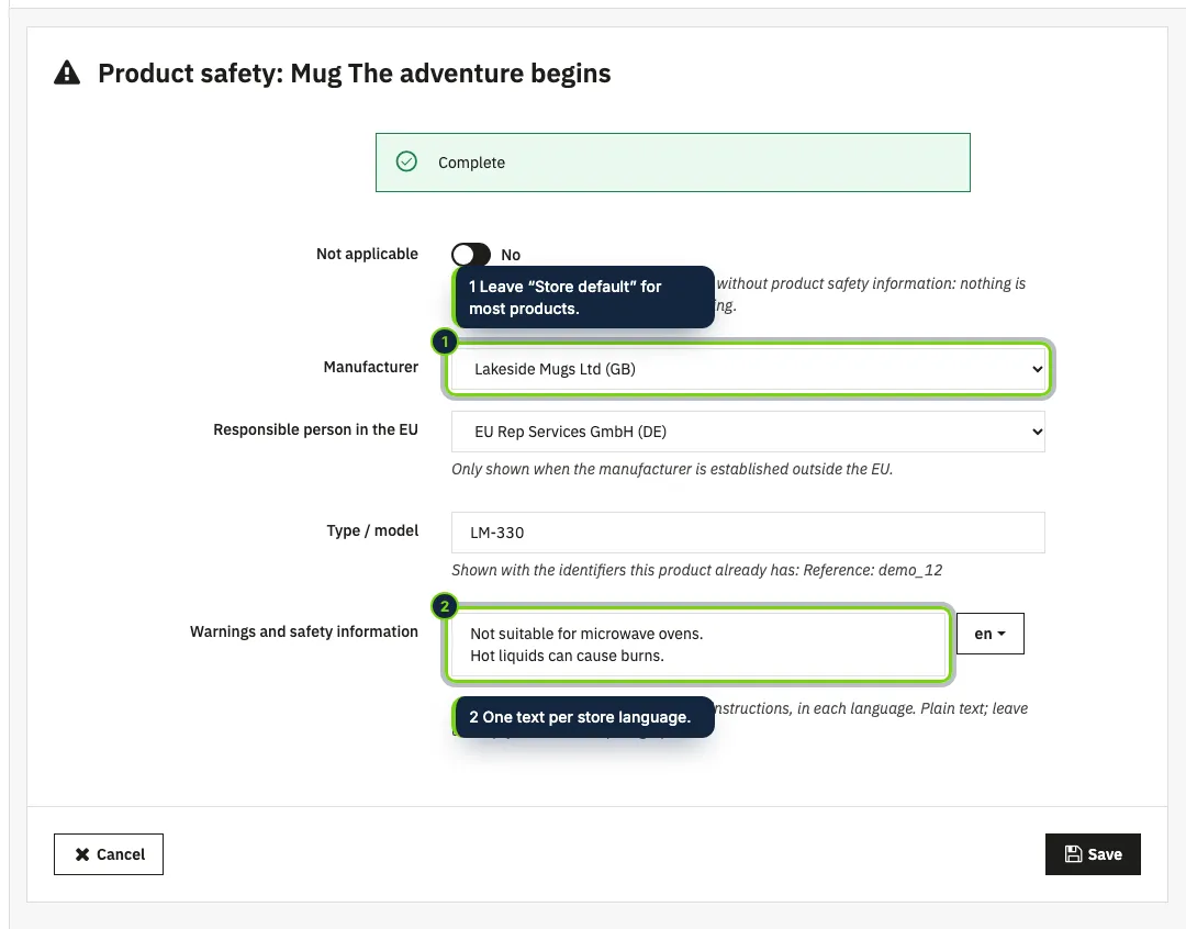 Per product: companies (or the store defaults), type or model and warnings in each language.