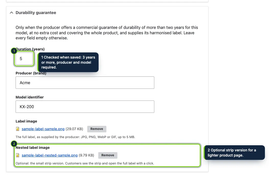 The “Durability guarantee” section of the product form, for products with a producer guarantee of more than two years.