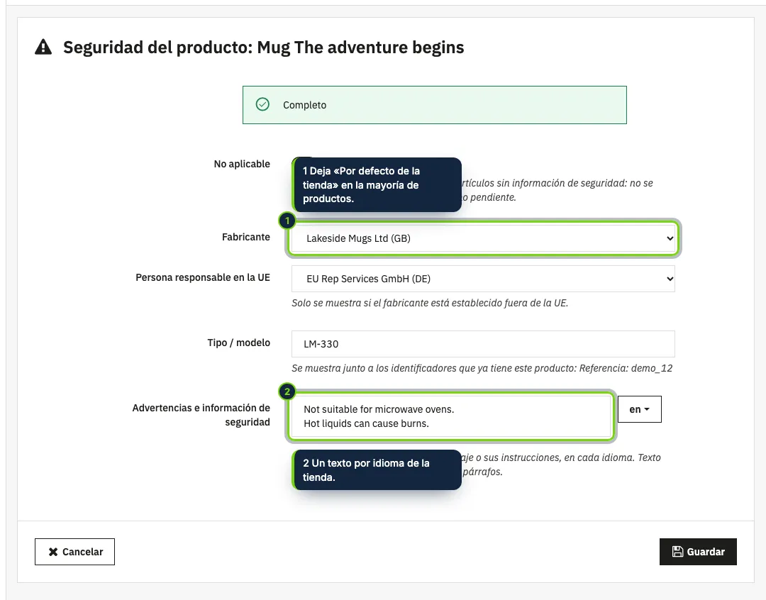Por producto: empresas (o las de por defecto), tipo o modelo y advertencias en cada idioma.