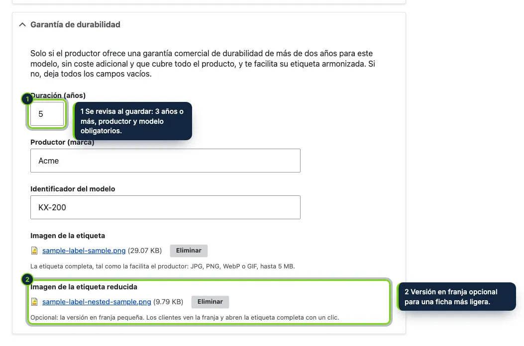 La sección «Garantía de durabilidad» del formulario del producto, para productos con una garantía del productor de más de dos años.