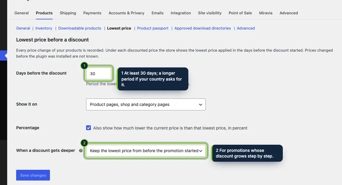 WooCommerce › Settings › Products › Lowest price: four settings, sensible defaults.