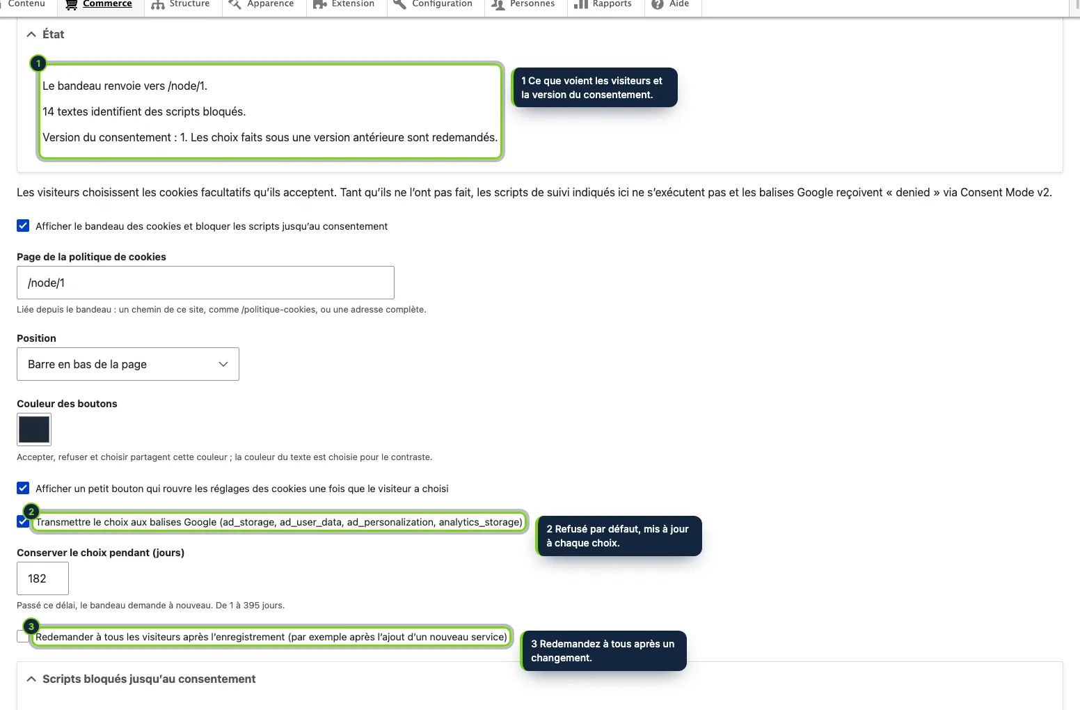 Commerce › Configuration › Consentement aux cookies : un état, la page de la politique de cookies, l’aspect du bandeau, Consent Mode v2 et la durée de conservation du choix.