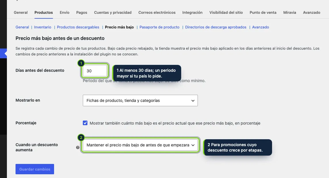 WooCommerce › Ajustes › Productos › Precio más bajo: cuatro ajustes con valores por defecto sensatos.