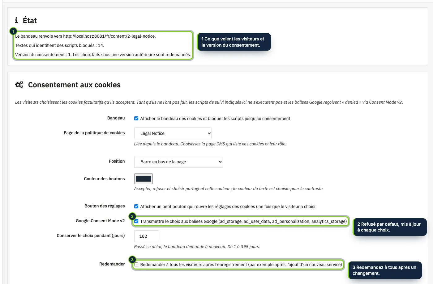 Réglages du module : un état, la page de la politique de cookies, l’aspect du bandeau, Consent Mode v2 et la durée de conservation du choix.