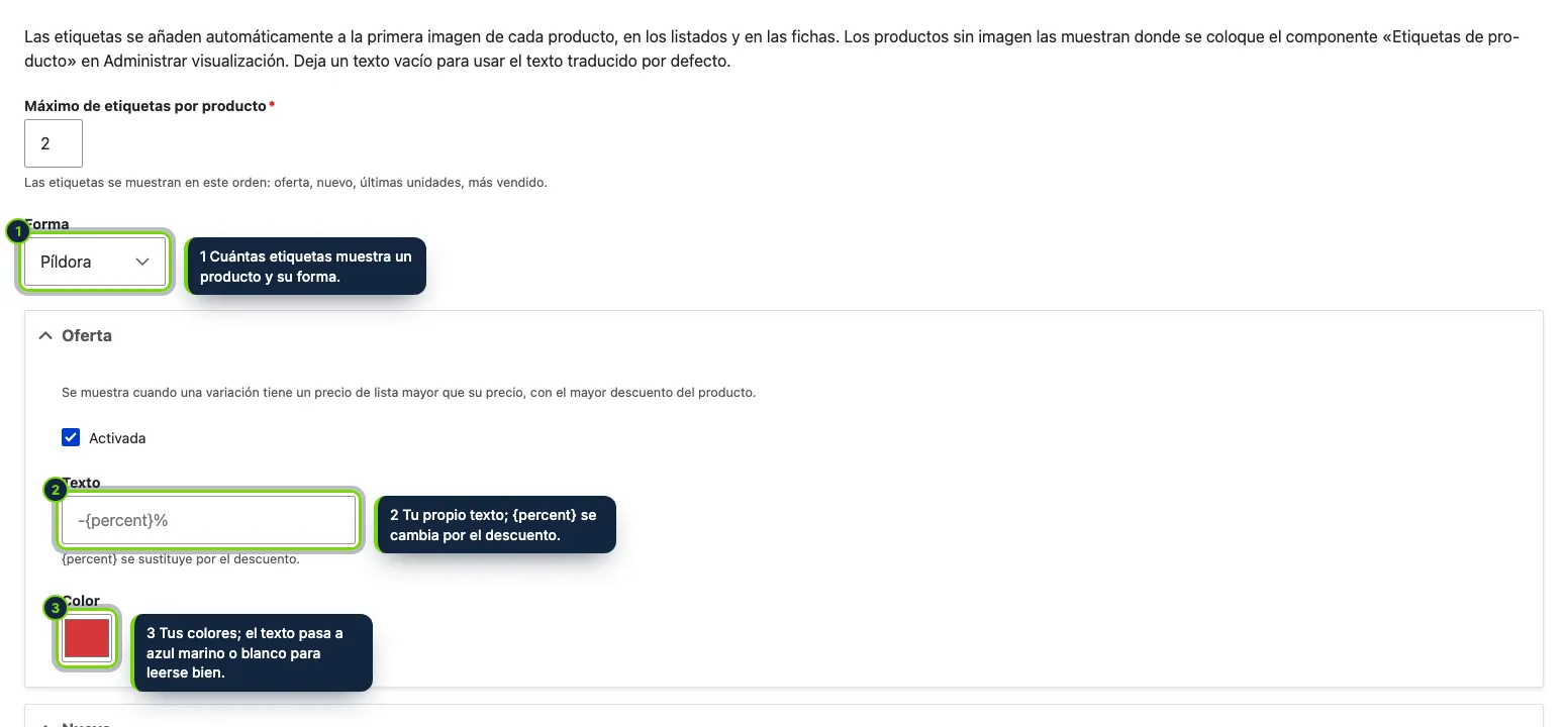 Commerce › Configuración › Etiquetas de producto: una sección por regla, con valores por defecto sensatos.
