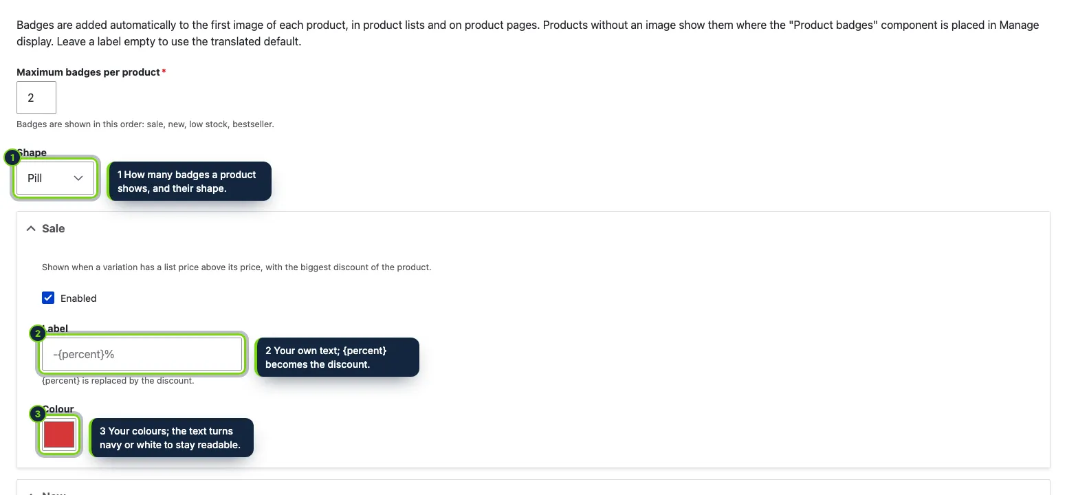 Commerce › Configuration › Product badges: one section per rule, with sensible defaults.