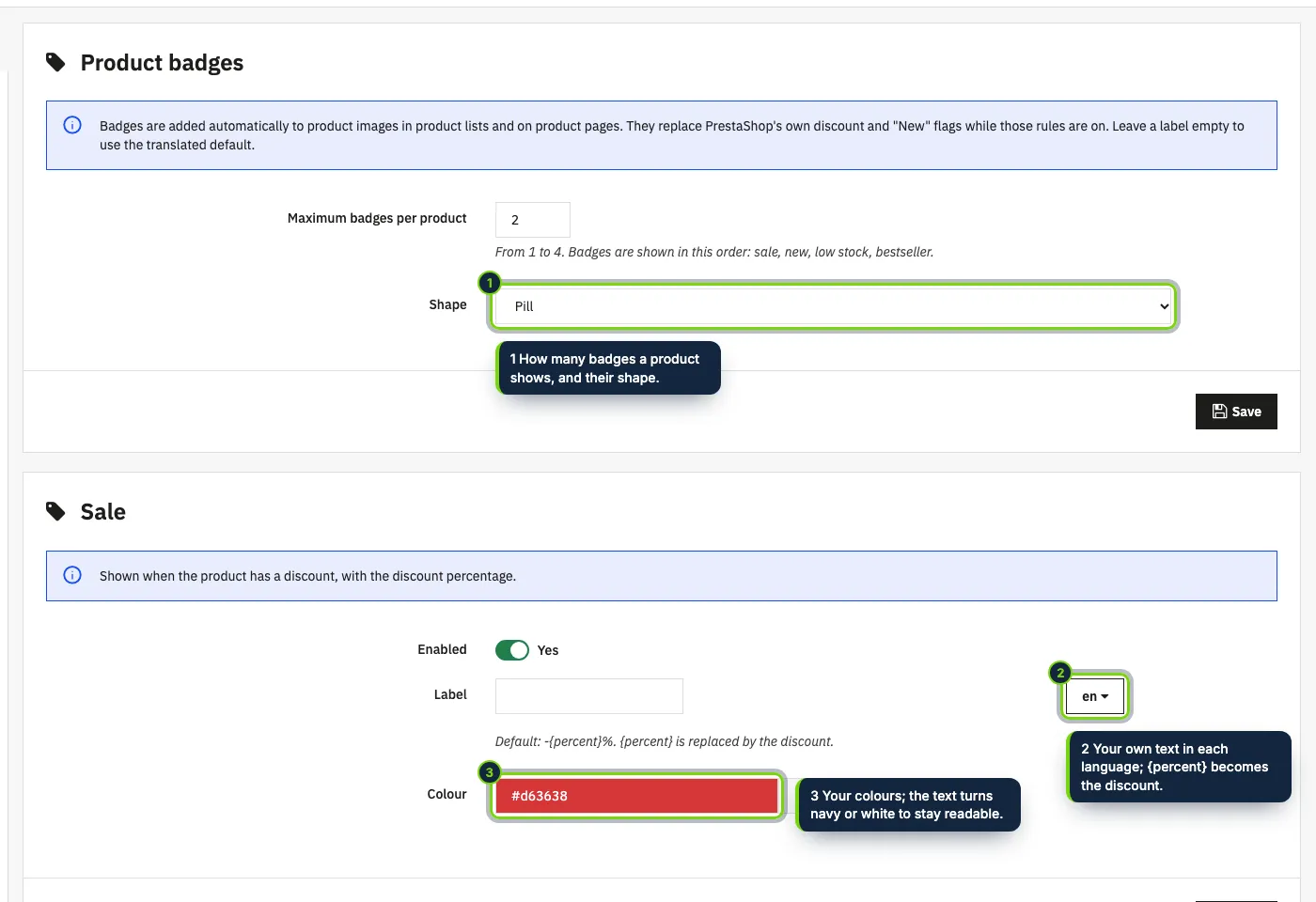 Module settings: one section per rule, with sensible defaults.