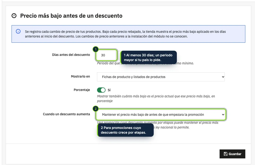 Ajustes del módulo: cuatro opciones con valores por defecto sensatos.