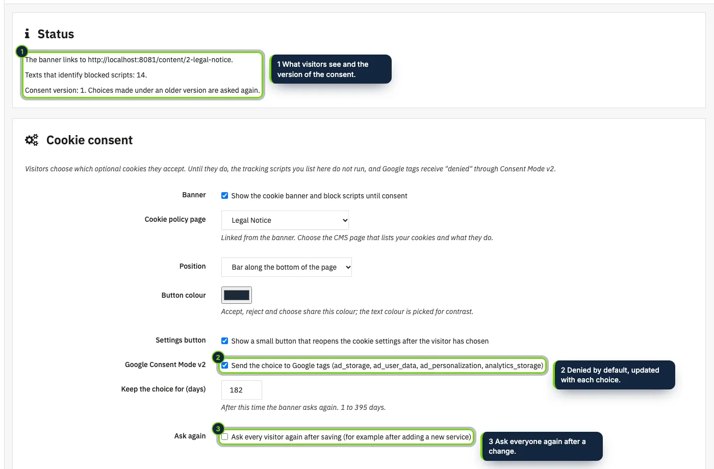 Module settings: a status, the cookie policy page, the look of the banner, Consent Mode v2 and how long the choice is kept.