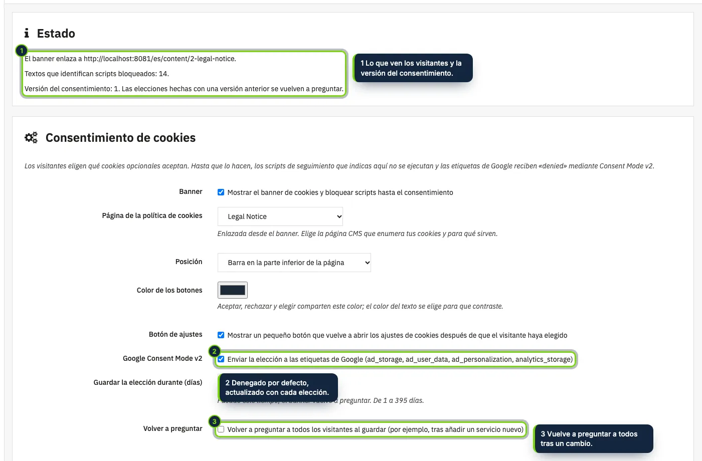 Ajustes del módulo: un estado, la página de la política de cookies, el aspecto del banner, Consent Mode v2 y cuánto se guarda la elección.