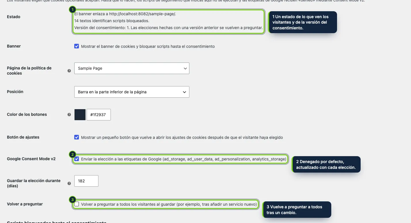 WooCommerce › Ajustes › Avanzado › Consentimiento de cookies: la página de la política, el aspecto del banner, Consent Mode v2 y cuánto se guarda la elección.