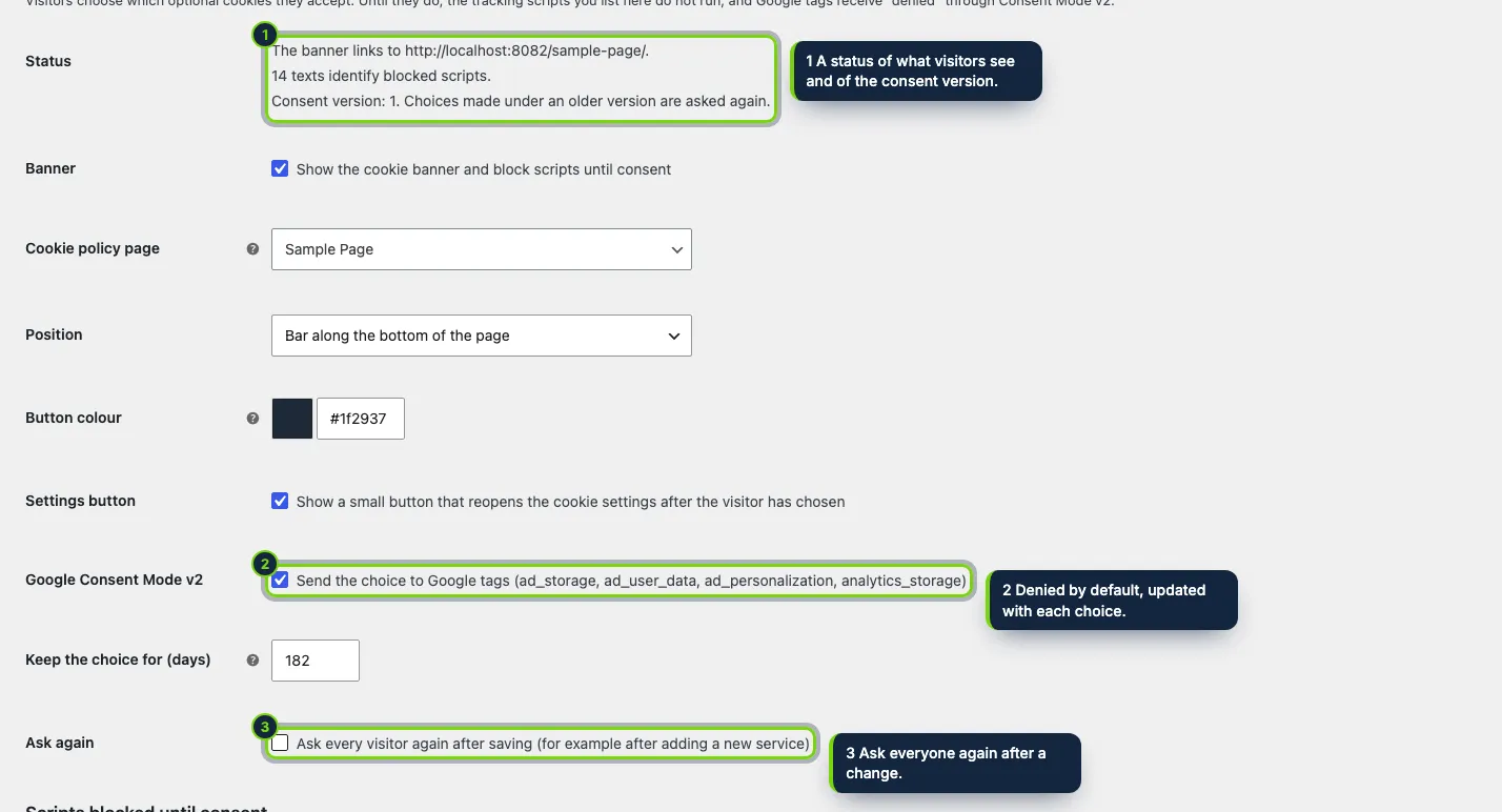 WooCommerce › Settings › Advanced › Cookie consent: the policy page, the look of the banner, Consent Mode v2 and how long the choice is kept.