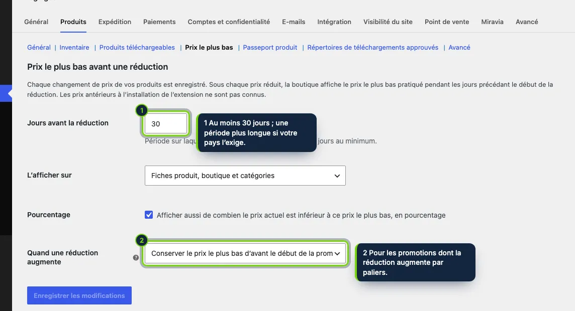 WooCommerce › Réglages › Produits › Prix le plus bas : quatre réglages, des valeurs par défaut sensées.