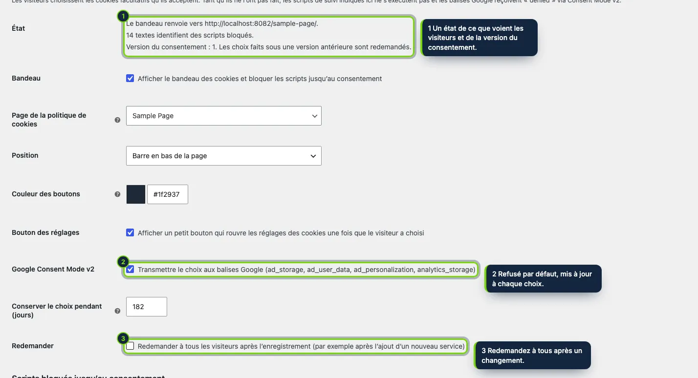 WooCommerce › Réglages › Avancé › Consentement aux cookies : la page de la politique, l’aspect du bandeau, Consent Mode v2 et la durée de conservation du choix.