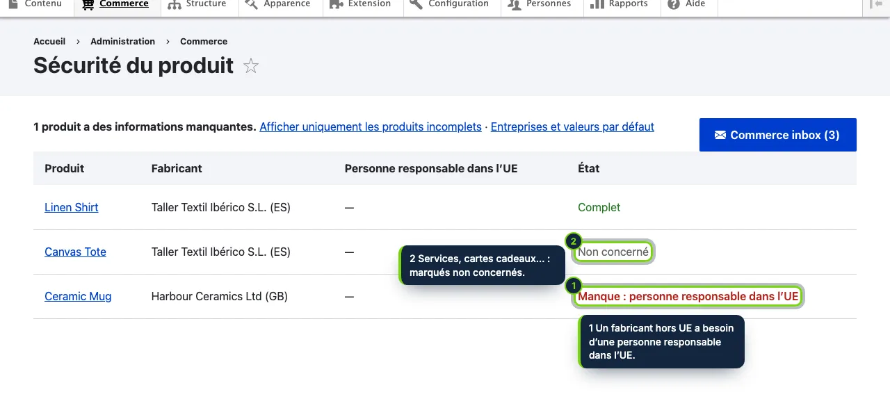 Commerce › Sécurité du produit : l’état de chaque produit et ce qui lui manque.