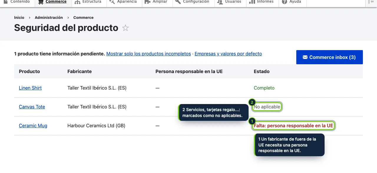 Commerce › Seguridad del producto: el estado de cada producto y lo que le falta.