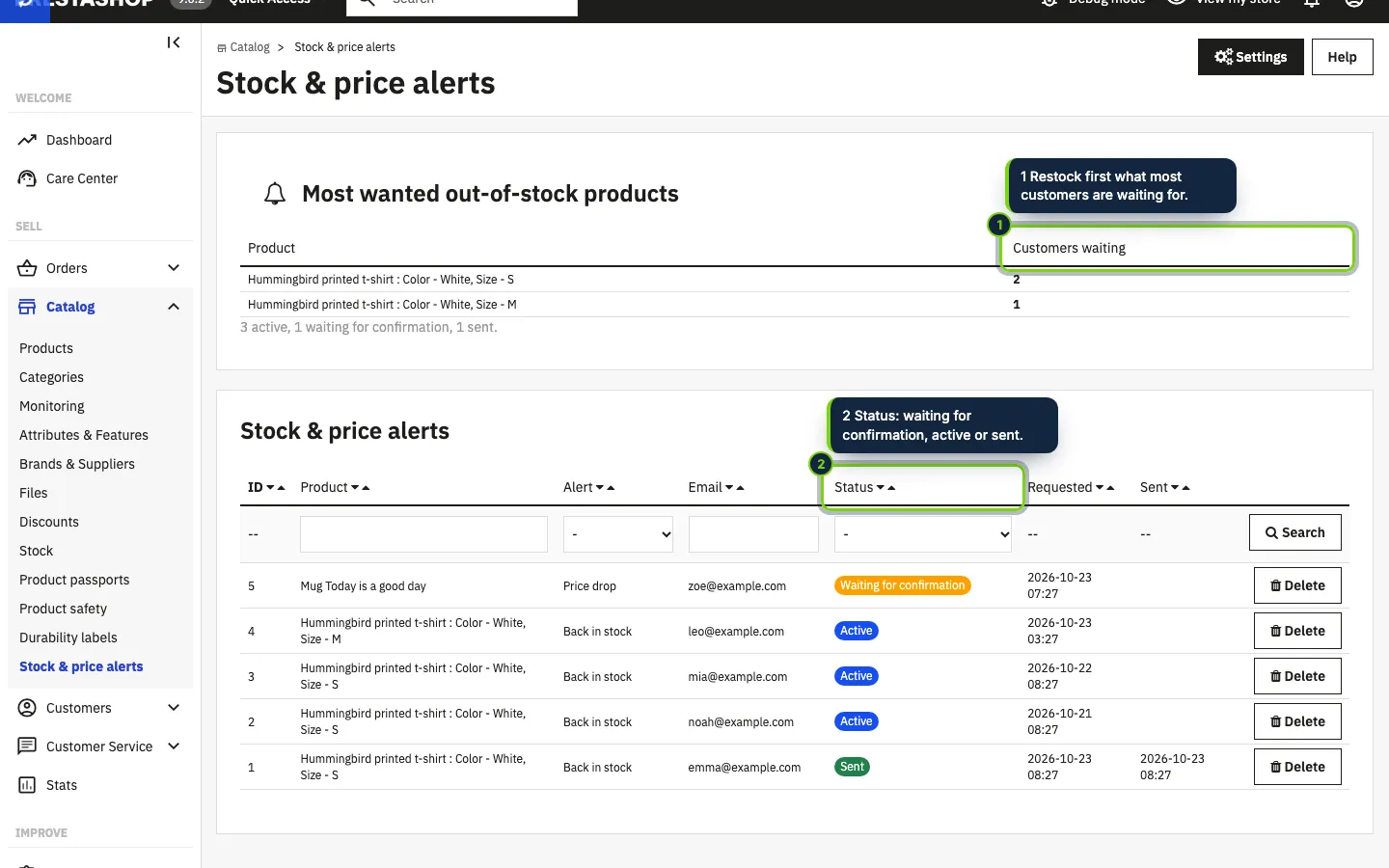 Catalog › Stock & price alerts: what customers are waiting for, and every alert.