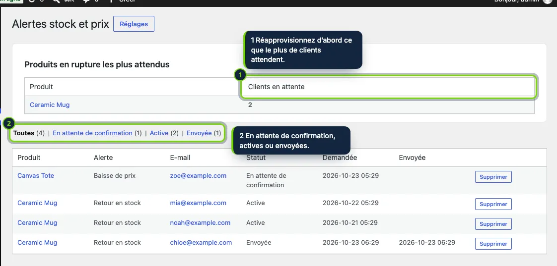 WooCommerce › Alertes de stock : ce que les clients attendent, et toutes les alertes.