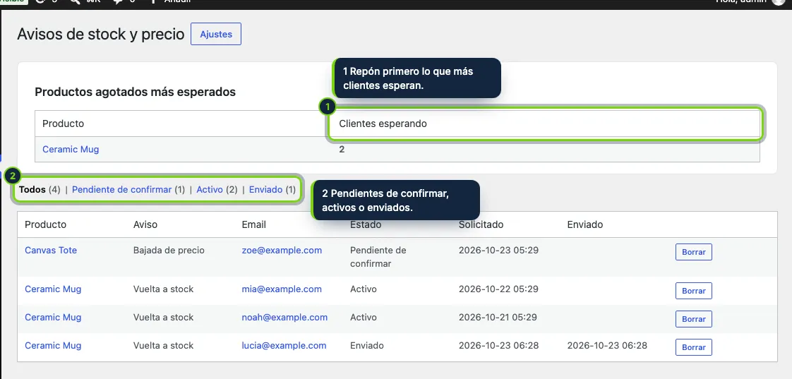 WooCommerce › Avisos de stock: lo que esperan los clientes y todos los avisos.