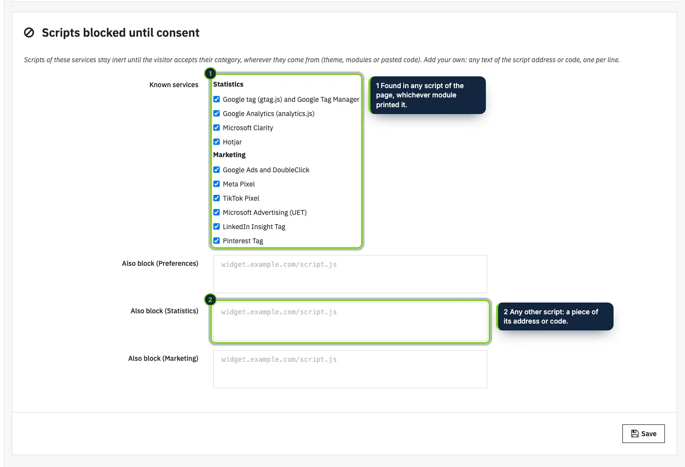 Scripts blocked until consent: well-known tracking services, switched on by default, and your own texts per category.