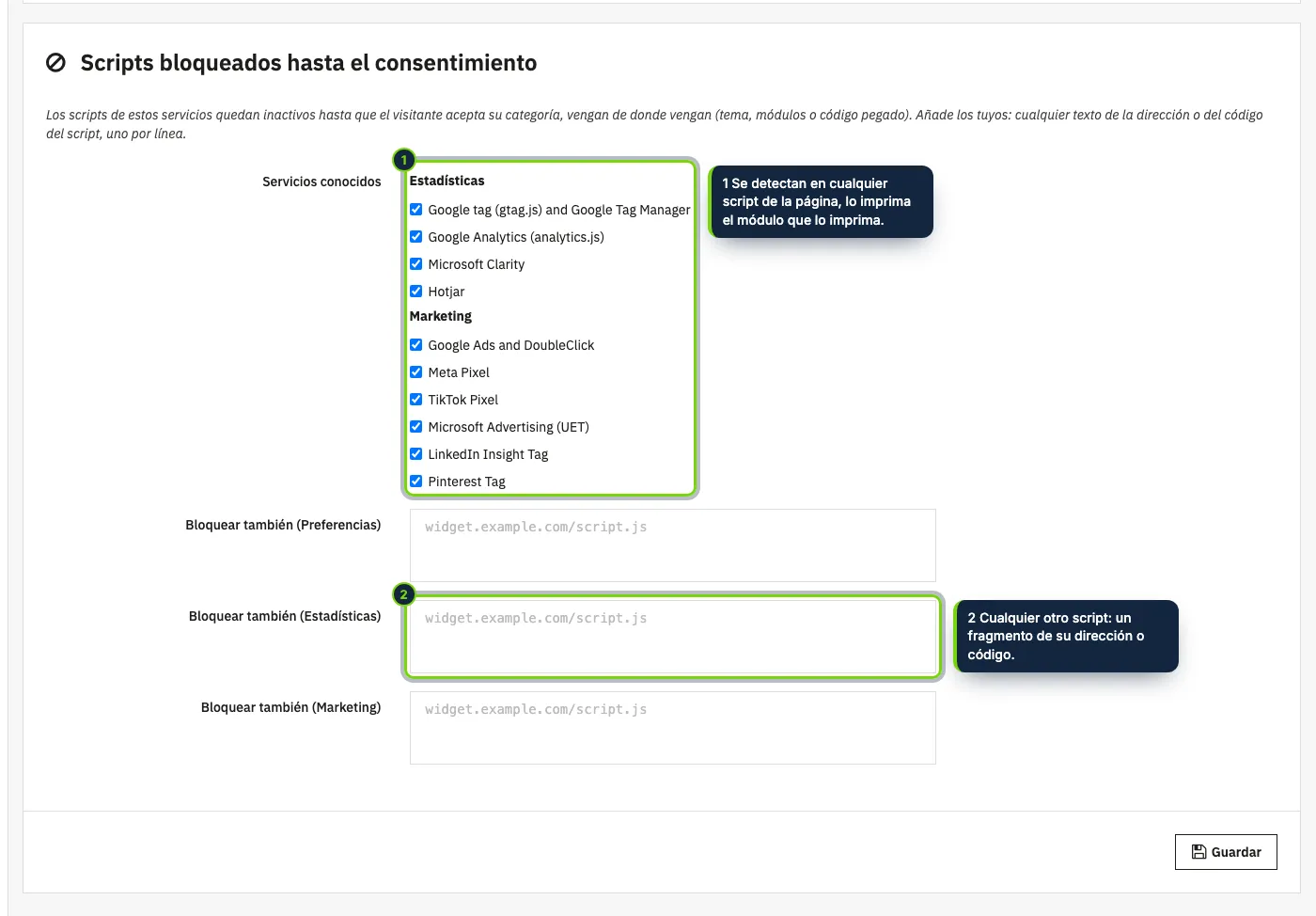 Scripts bloqueados hasta el consentimiento: servicios de seguimiento conocidos, activados por defecto, y tus propios textos por categoría.