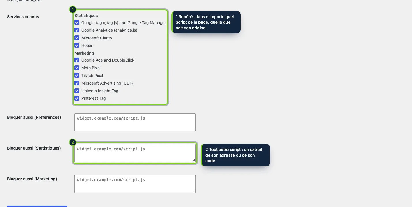 Scripts bloqués jusqu’au consentement : des services de suivi connus, activés par défaut, et vos propres textes par catégorie.