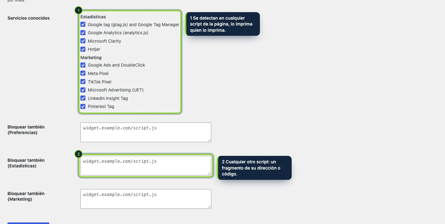 Scripts bloqueados hasta el consentimiento: servicios de seguimiento conocidos, activados por defecto, y tus propios textos por categoría.