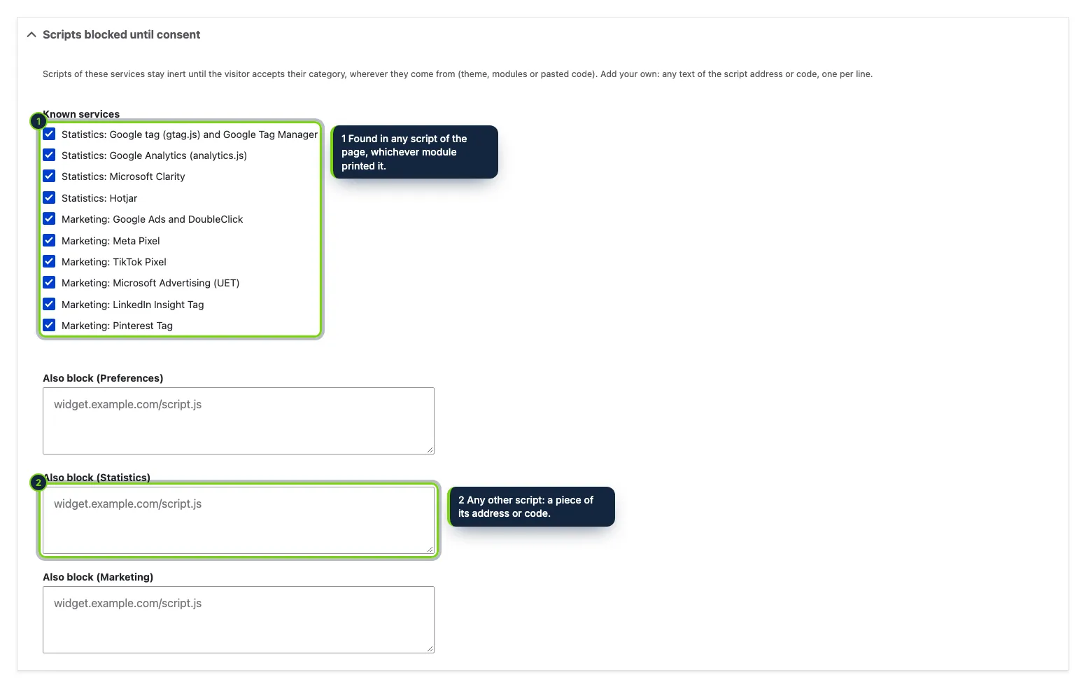 Scripts blocked until consent: well-known tracking services, switched on by default, and your own texts per category.