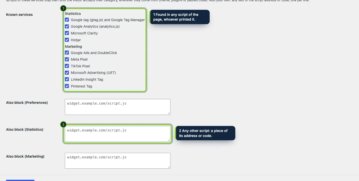 Scripts blocked until consent: well-known tracking services, switched on by default, and your own texts per category.