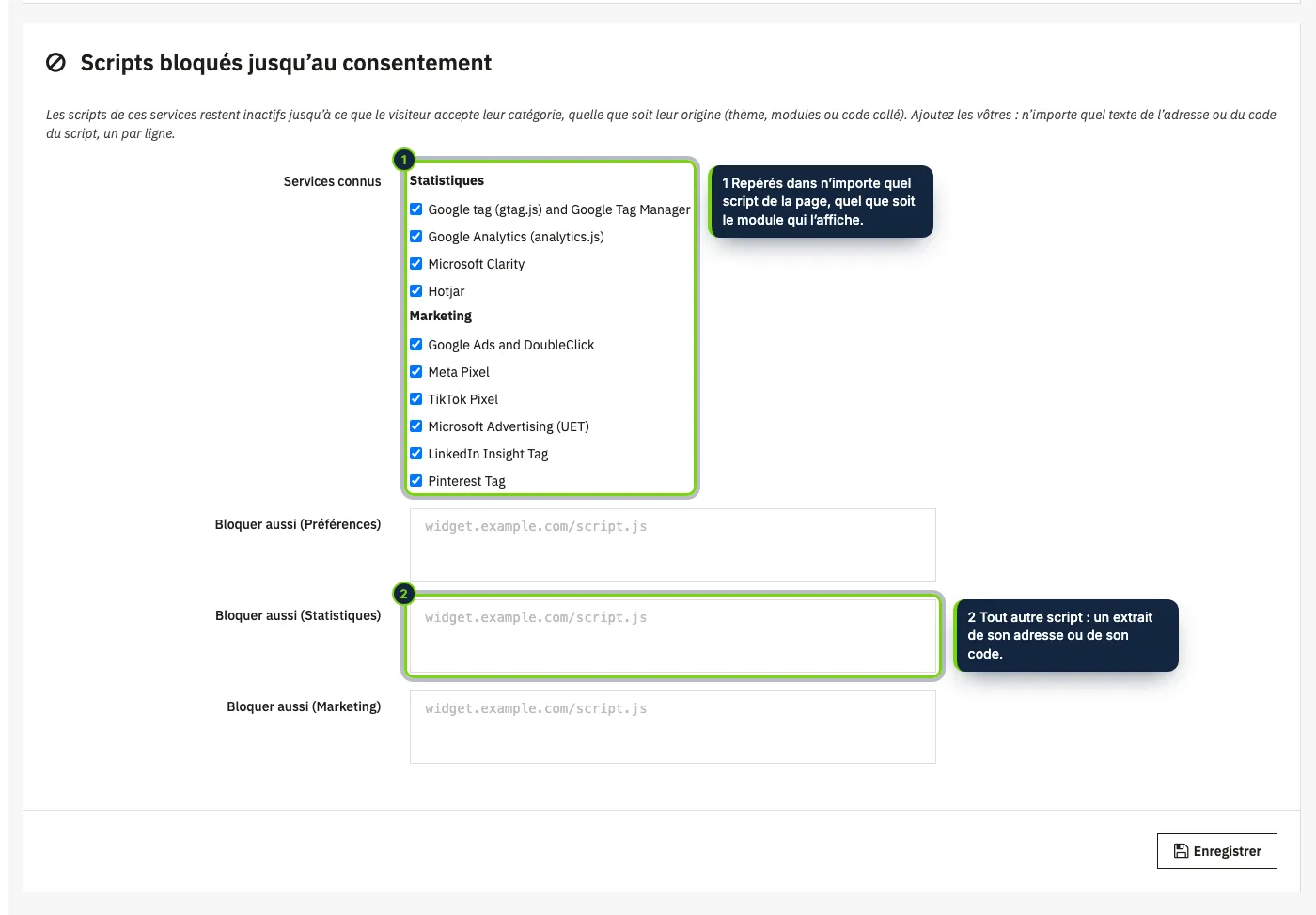 Scripts bloqués jusqu’au consentement : des services de suivi connus, activés par défaut, et vos propres textes par catégorie.