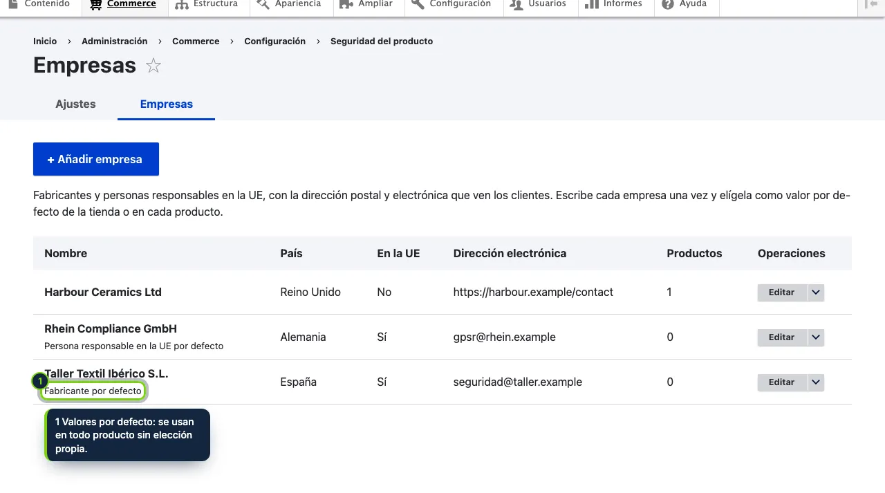Cada fabricante y persona responsable en la UE se escribe una vez, con su dirección postal y electrónica.