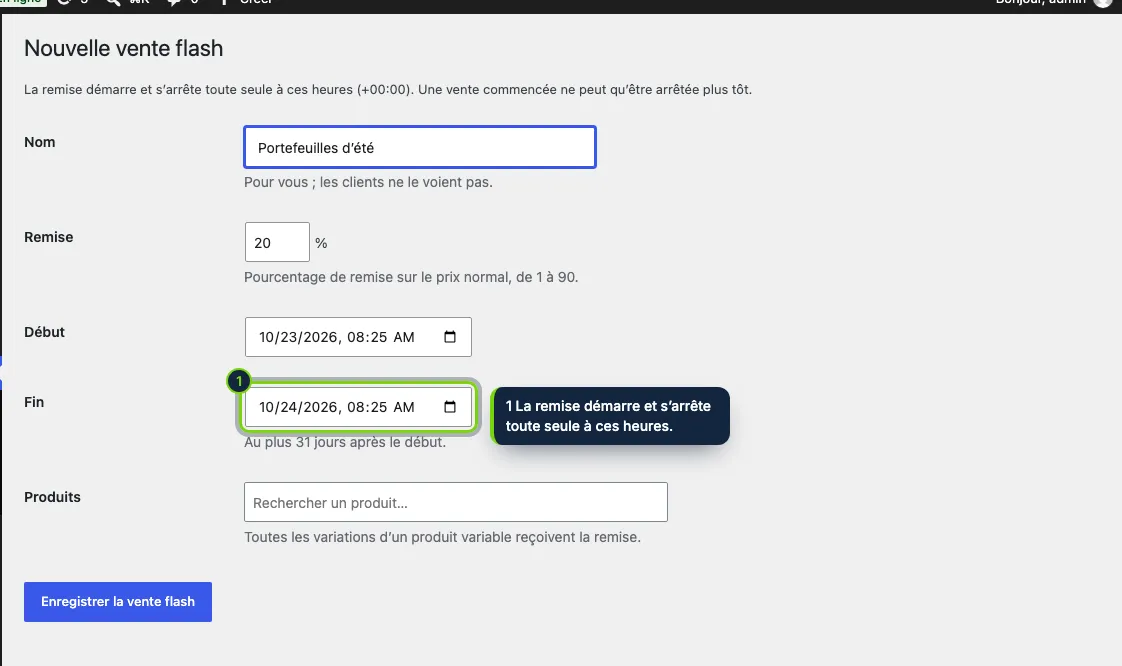 Une nouvelle vente flash : un nom, un pourcentage, un début, une fin et les produits.