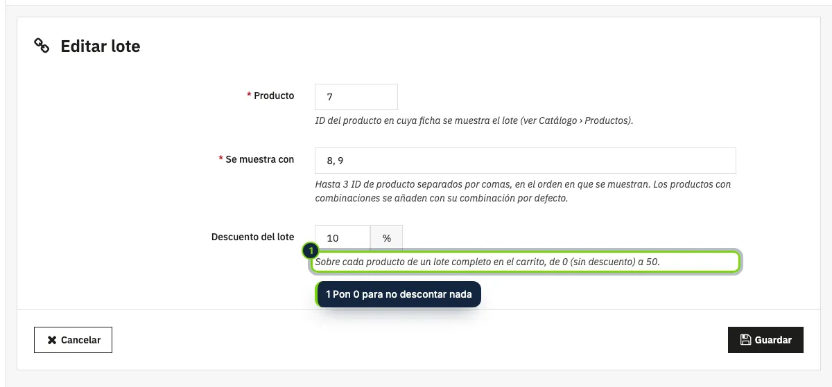 Un lote: el producto, hasta tres productos que se muestran con él y el descuento por comprarlos juntos.