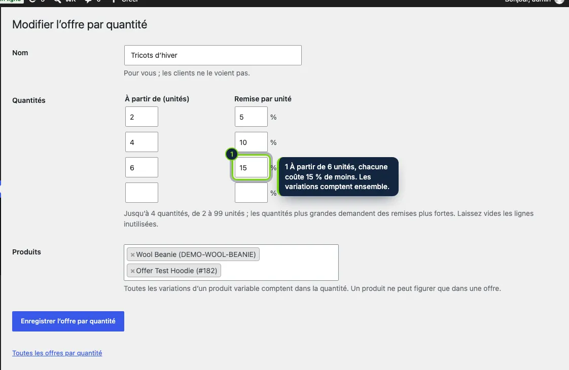 Une offre : un nom, jusqu’à quatre quantités avec leur remise par unité, et les produits.