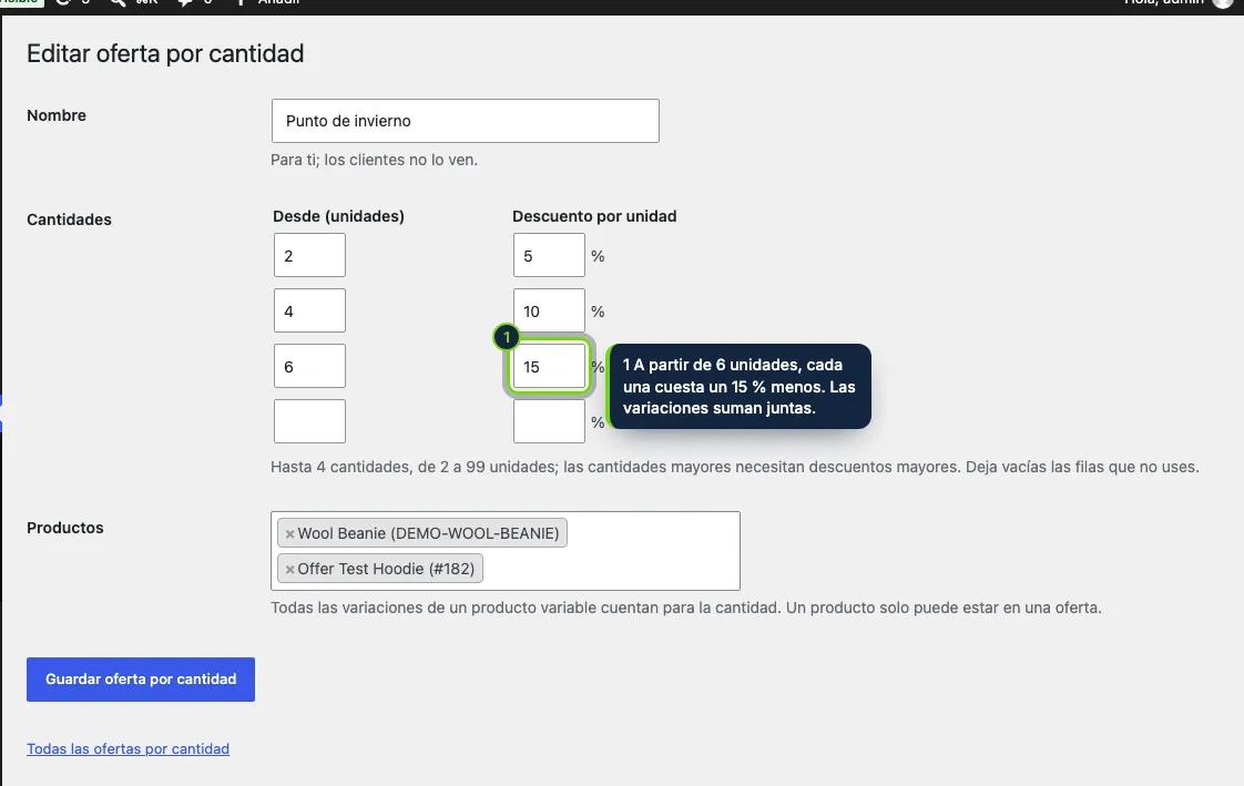 Una oferta: un nombre, hasta cuatro cantidades con su descuento por unidad y los productos.