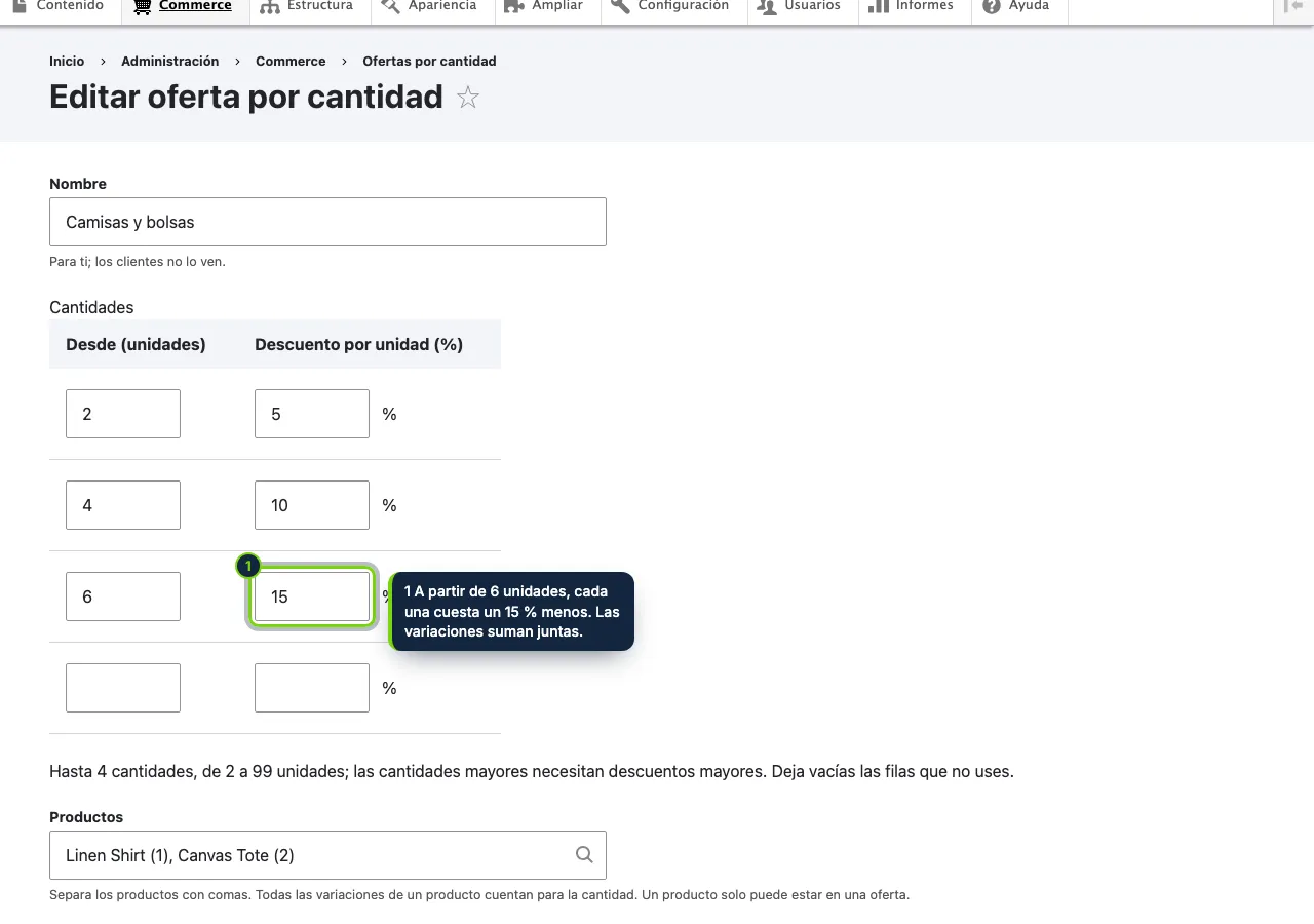 Una oferta: un nombre, hasta cuatro cantidades con su descuento por unidad y los productos.