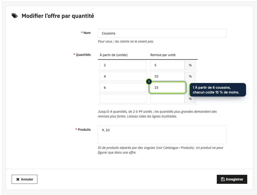 Une offre : un nom, jusqu’à quatre quantités avec leur remise par unité, et les produits.