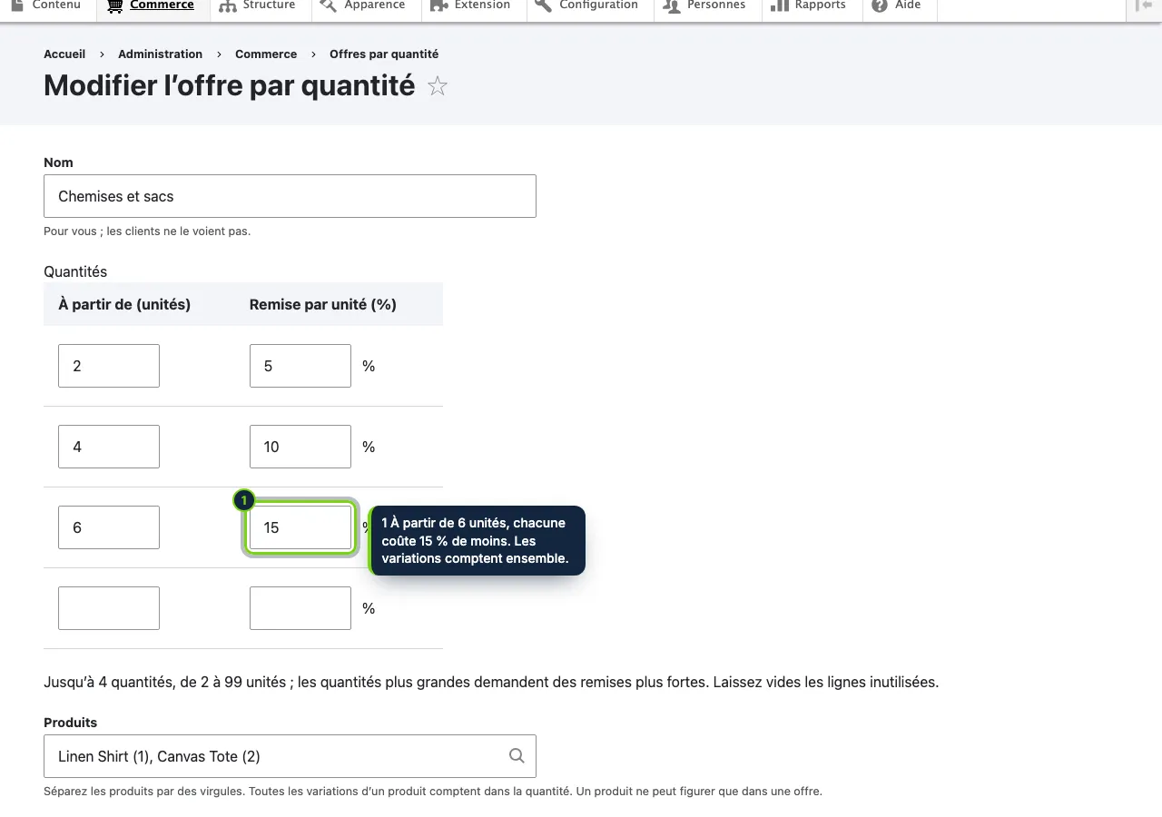 Une offre : un nom, jusqu’à quatre quantités avec leur remise par unité, et les produits.