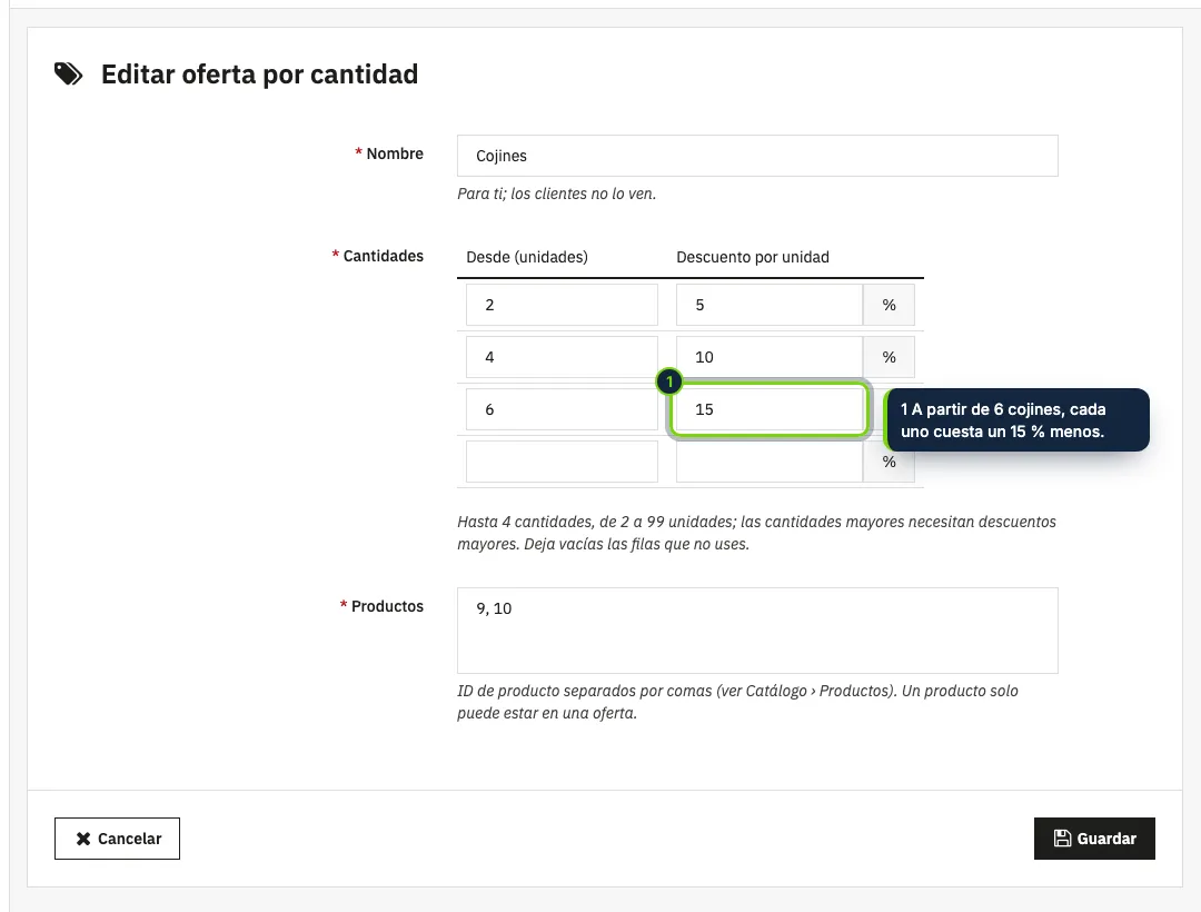 Una oferta: un nombre, hasta cuatro cantidades con su descuento por unidad y los productos.