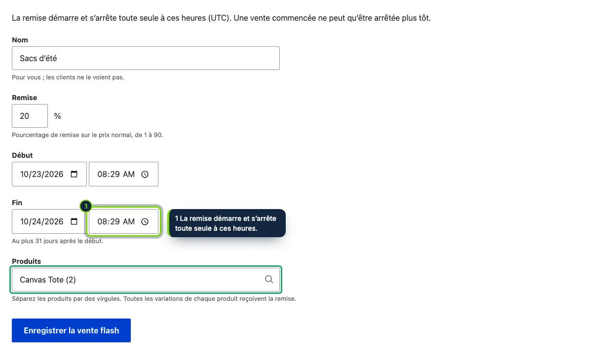Une nouvelle vente flash : un nom, un pourcentage, un début, une fin et les produits.