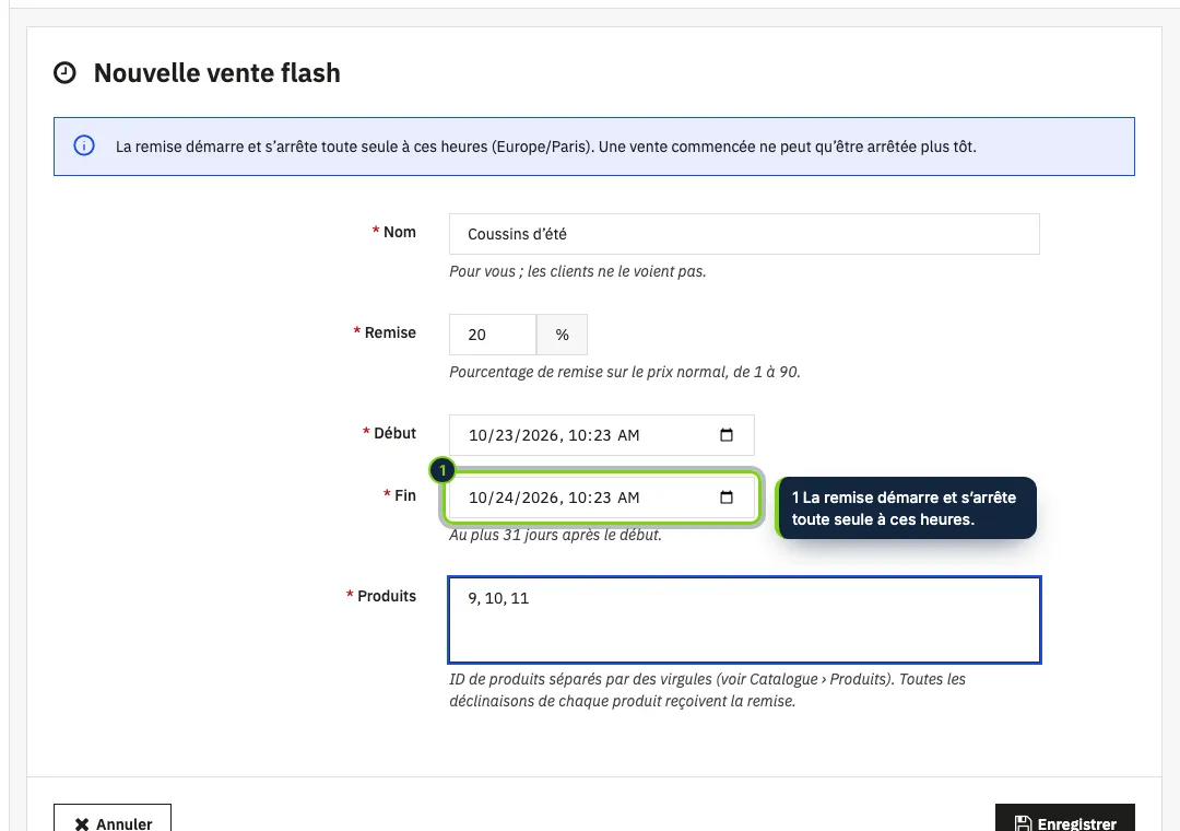 Une nouvelle vente flash : un nom, un pourcentage, un début, une fin et les produits.