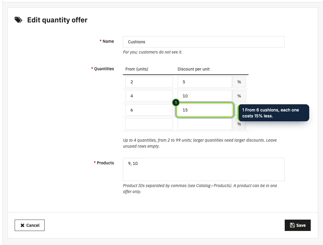 An offer: a name, up to four quantities with their discount per unit, and the products.