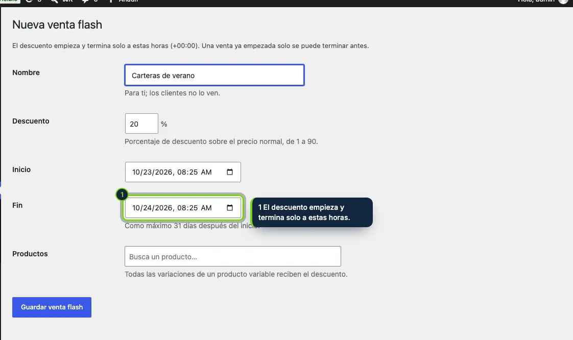 Una nueva venta flash: un nombre, un porcentaje, un inicio, un fin y los productos.
