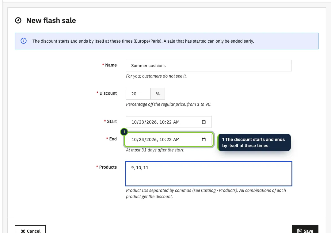 A new flash sale: a name, a percentage, a start, an end and the products.