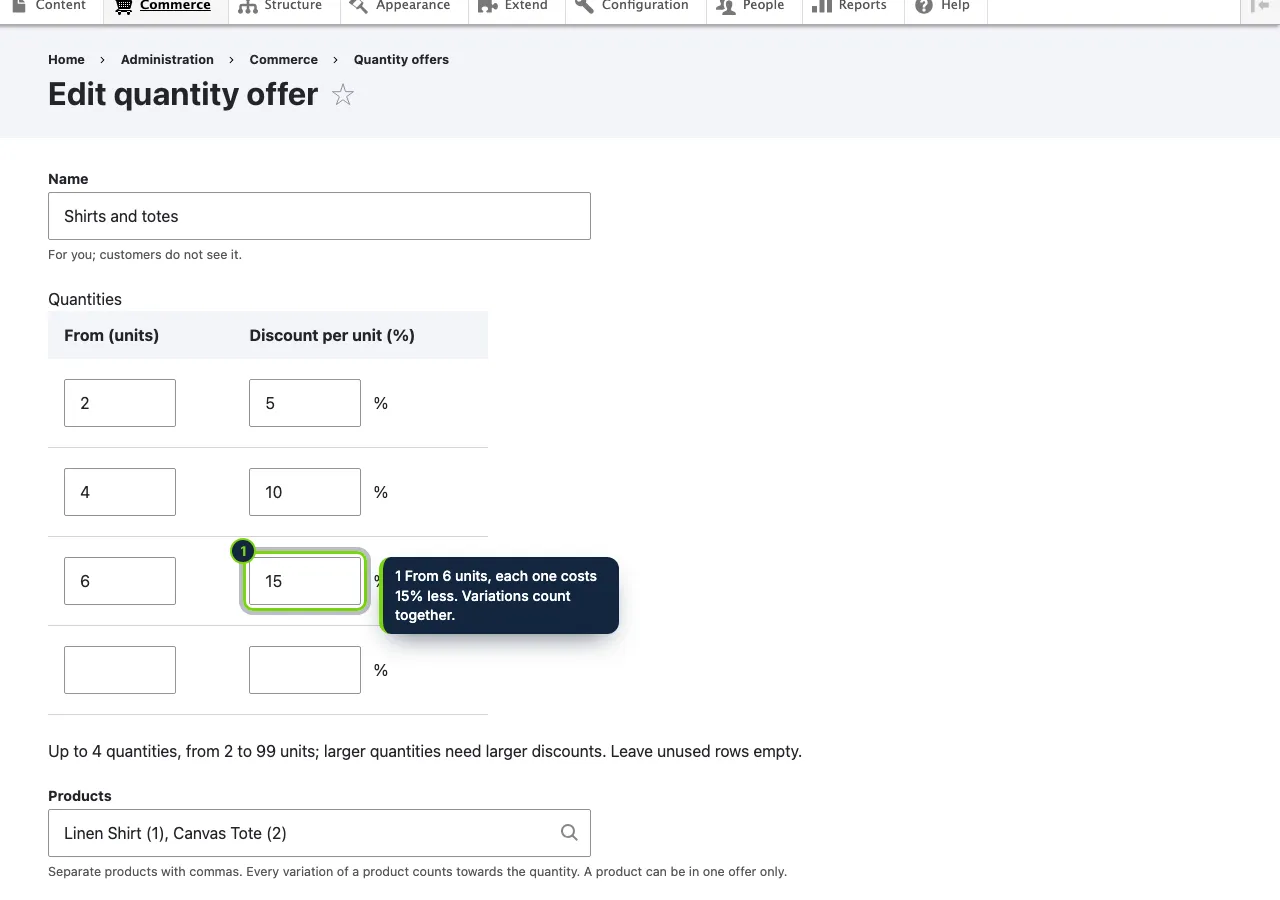 An offer: a name, up to four quantities with their discount per unit, and the products.