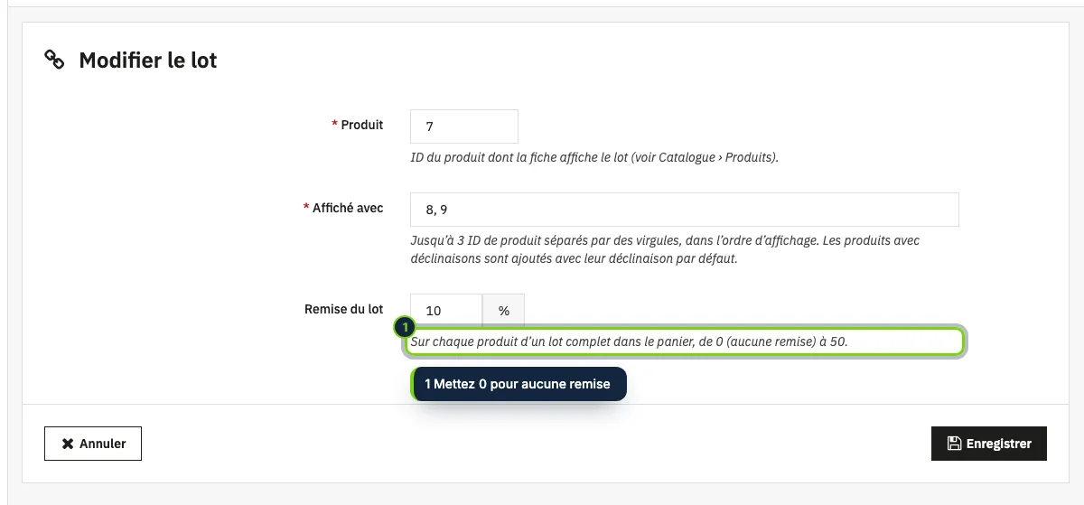 Un lot : le produit, jusqu’à trois produits affichés avec lui et la remise pour les acheter ensemble.